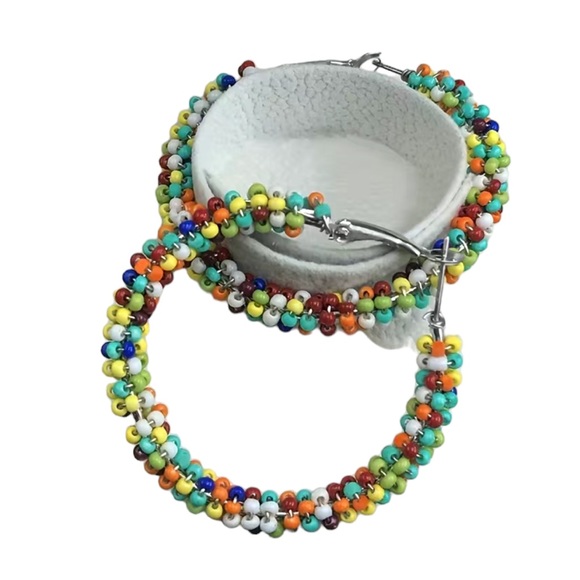 Boho Colorful Rice Beads Medium Hoop Earrings - Picture 7 of 8